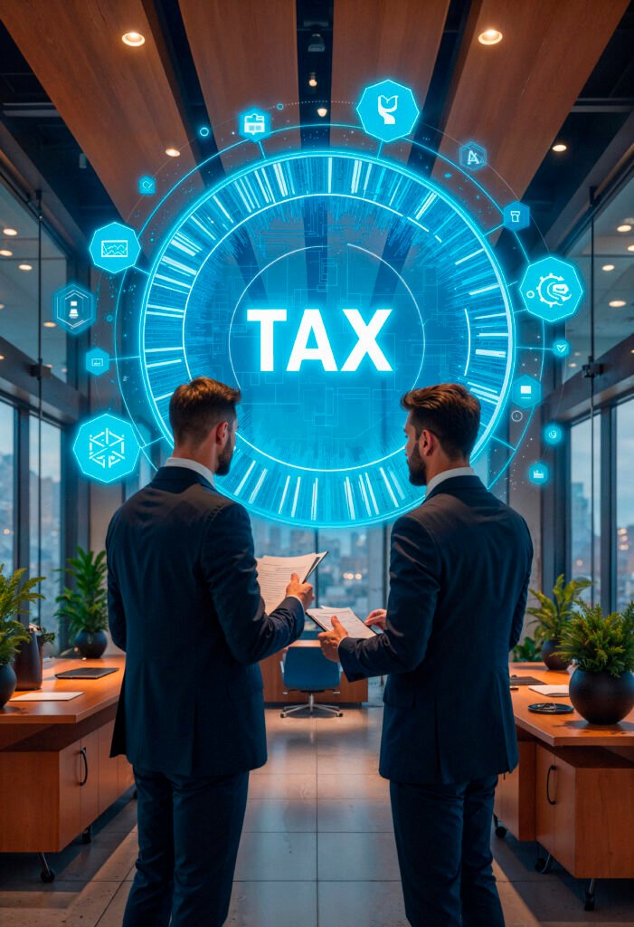 Tax Return withTwo professionals from AnchorBridge Tax Advisors discussing tax planning with the word "TAX" displayed in the background.
