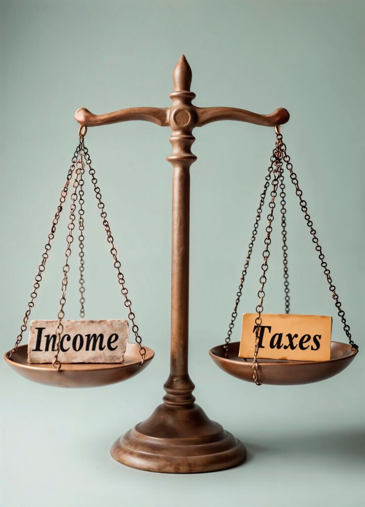 A balanced pendulum with "Income" on one side and "Taxes" on the other, symbolizing the importance of managing earnings and tax obligations for financial stability.